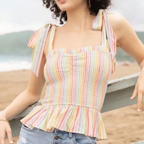 NWT Yumi Kim Moon River Pastel Rainbow Striped Smocked Tank Top Size XS - Picture 1 of 9